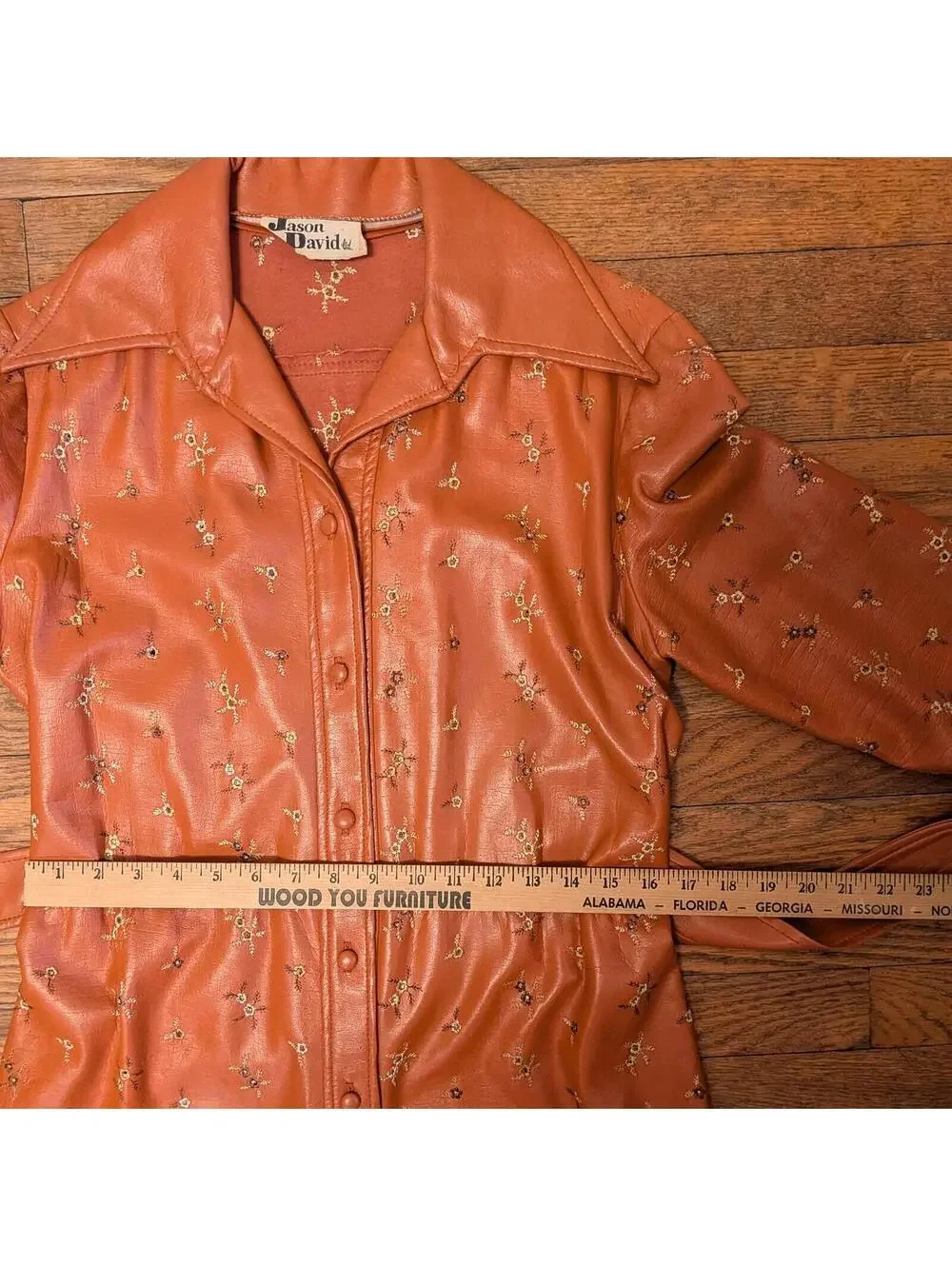 70s Jason David Terracotta Cognac Genuine Leather Embroidered Floral Belted Coat